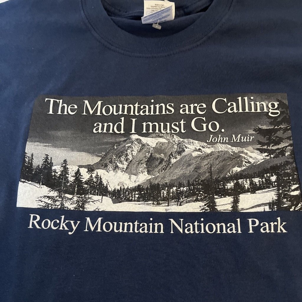 Vtg Gildan Rocky Mountain Park The Mountains Are Calling Adult Blue Med T-Shirt